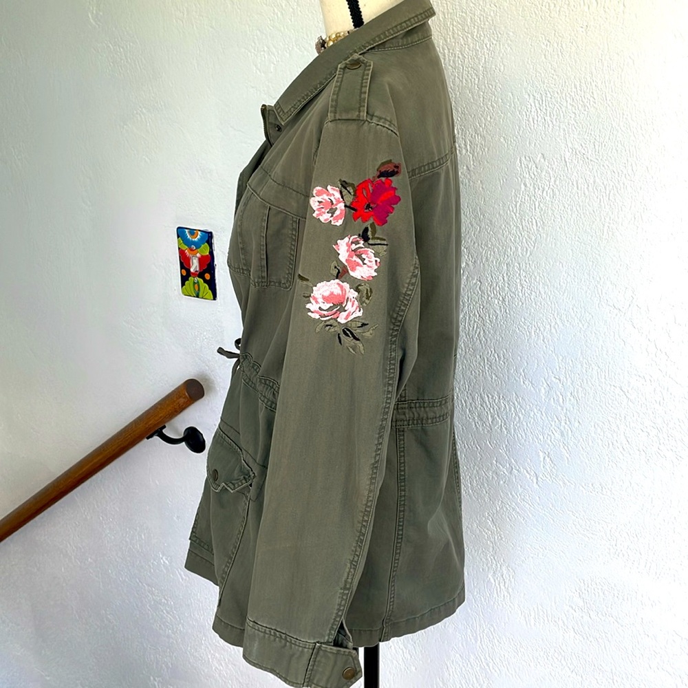 A new day Olive Green & Floral Embroidery Sleeve Cotton Jacket Sz Large - Picture 4 of 9